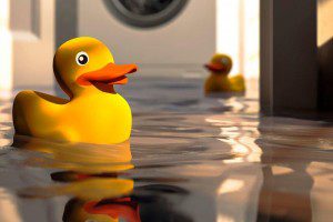 Two rubber ducks floating in a pool of water.