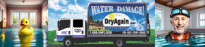 Flooded room with duck and water damage truck.